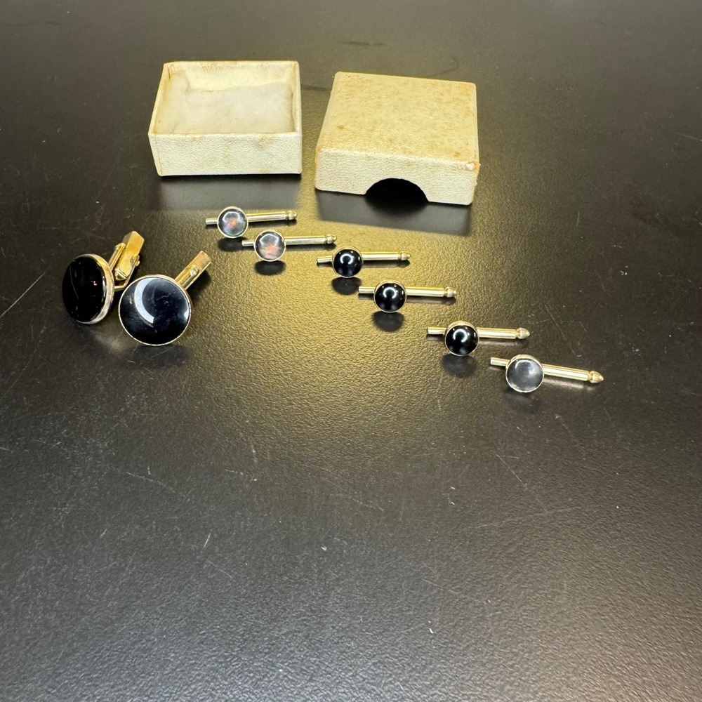 Vintage Cufflinks and Studs Set Mens Black Gold Tone Formal Wedding 8pc
